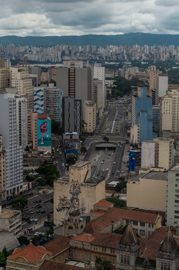 A bustling view of São Paulo showcasing modern skyscrapers and vibrant murals.